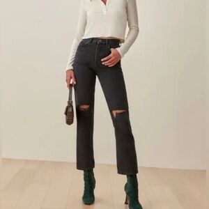 Reformation Cynthia High Rise Straight Jeans in Lagoon Destroyed size 24